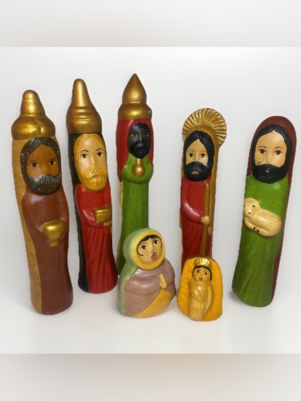 Vintage Folk Art Ceramic Nativity Set 7 Pc Hand Painted South American Peru